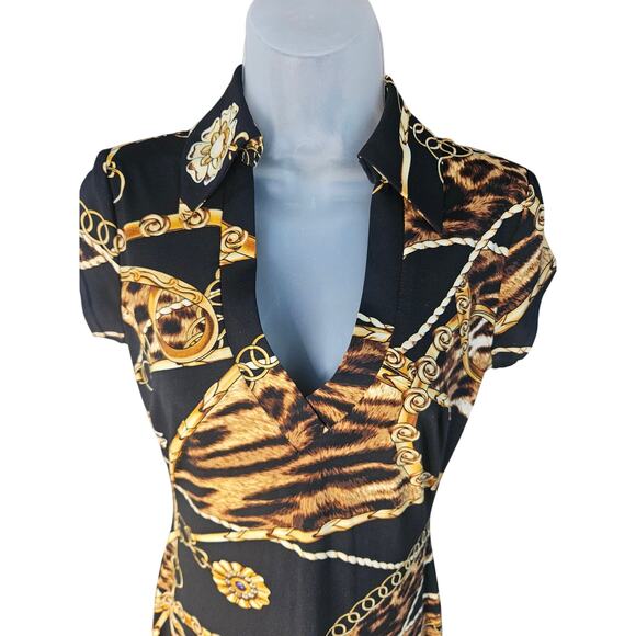 Cache Black Gold Dress Animal Print Collared Deep V Neck Stretch Sz SM - Picture 3 of 7